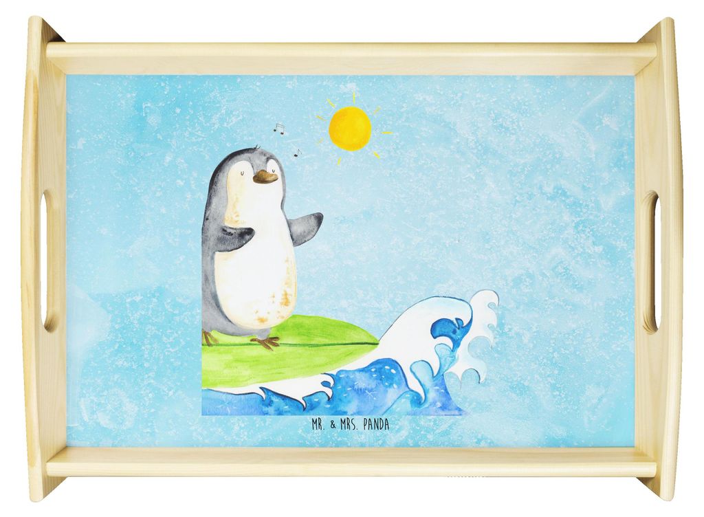 Mr. & Mrs. Panda Tablett Pinguin Surfer - Eisblau - Geschenk, Serviertablett, Urlaub, teetablett, holz, Hawaii, Wellen, Holztablett, Deko, Optimist...