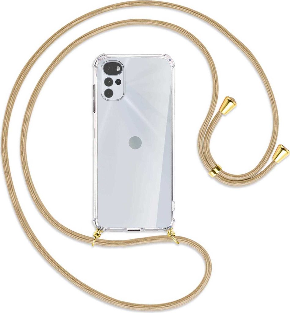 Handykette Backcover-Schutzhülle mit Band (Metall goldfarben) für Motorola Moto G22 4G - caramel