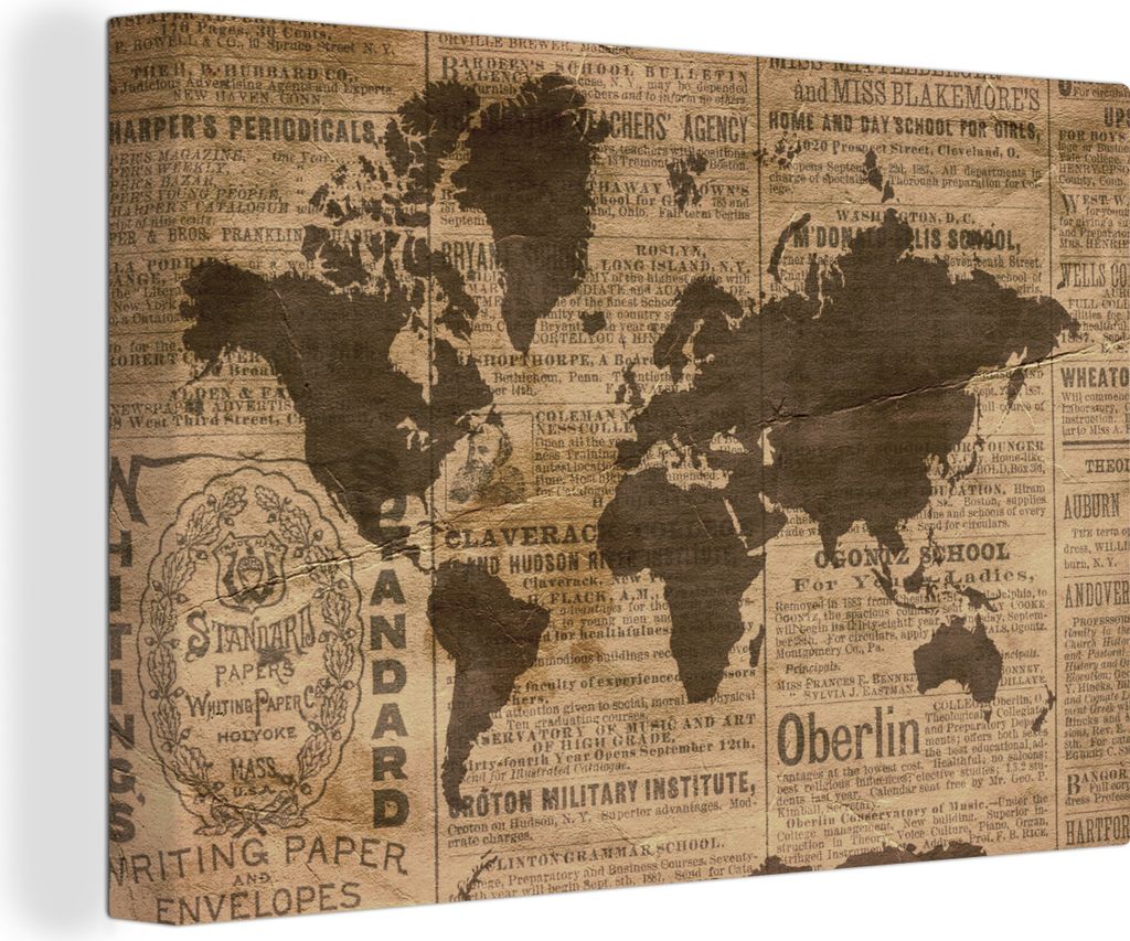 OneMillionCanvasses - Leinwandbilder - 150x100 cm, Weltkarte - Retro - Zeitung, Wandbilder Kunstdruck Wanddekoration