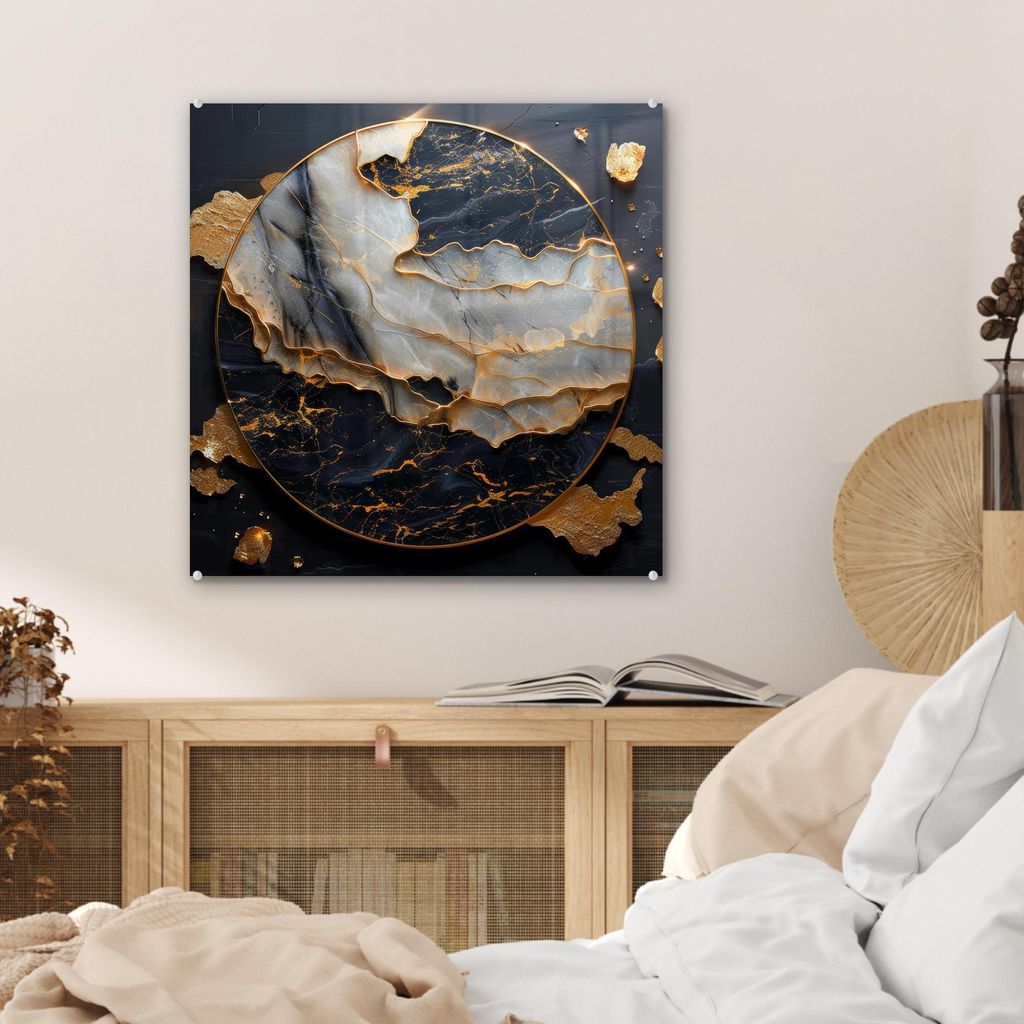 MuchoWow Glasbilder - Bilder auf Wandbild - Foto auf Glas Kunst - Gold - Schwarz - Modern - Abstrakt 50x50 cm Wanddekoration aus Glas - Acrylglasbi...