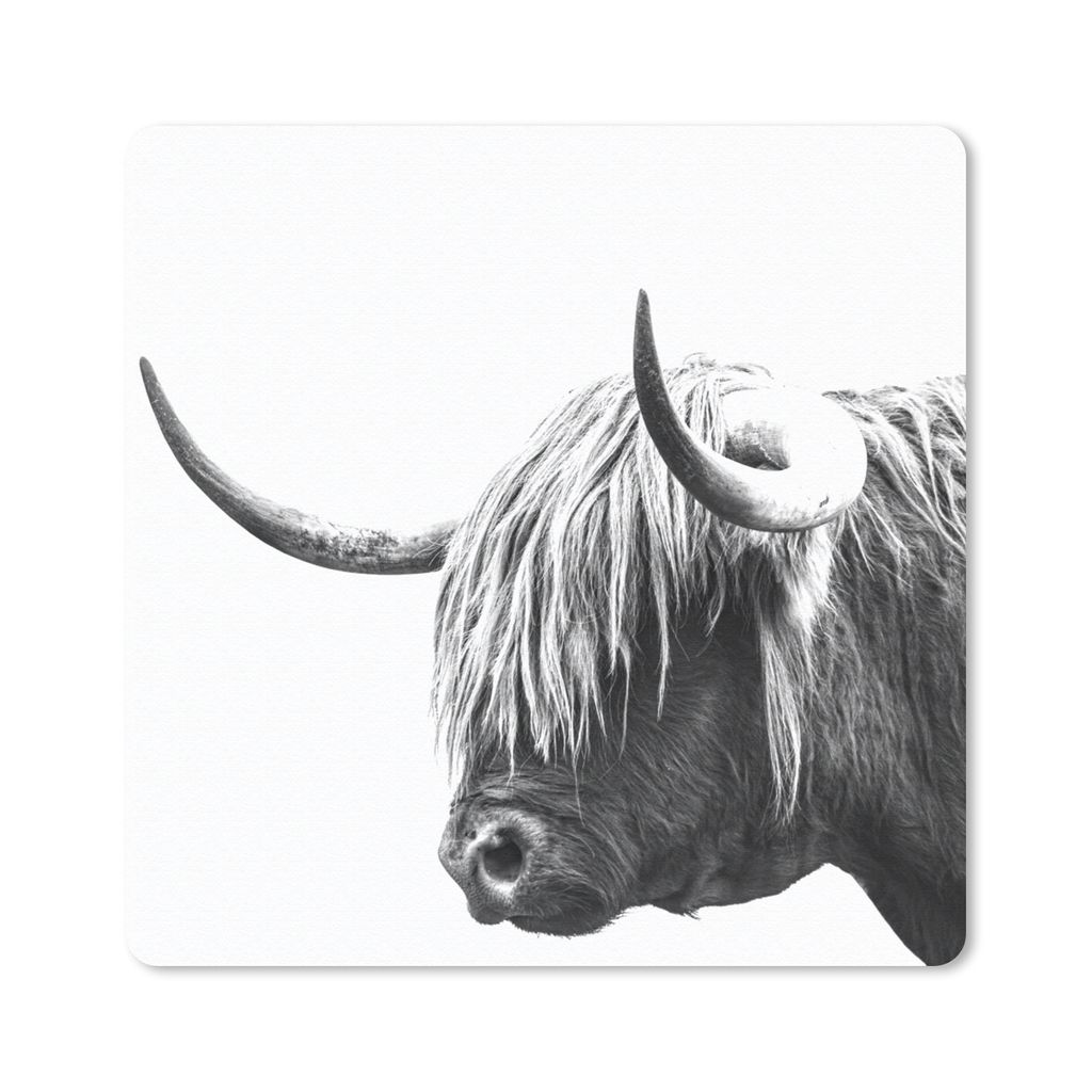 MuchoWow Mauspad Mousepad Schottischer Highlander - Horn - Schwarz - Weiß 20x20 cm - Mousepads - Maus Mat - Pad - Mausunterlage - Desk Mat - Bur...