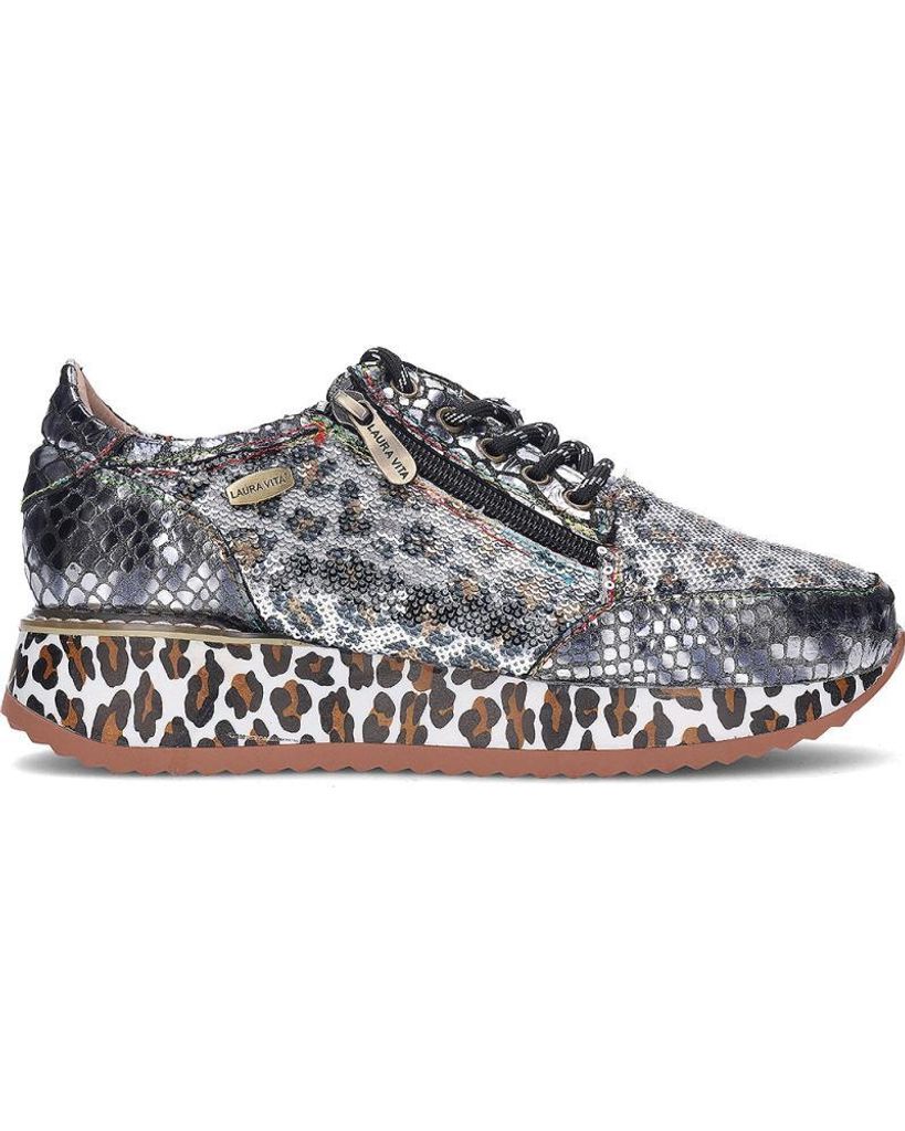 LAURA VITA Sneaker Delphine 46 acier mit bedrucktem Leoplateau silber/schwarz/braun Lederpailettenmix herausnehmbare Lederinnensohle Größe 38 Wei...