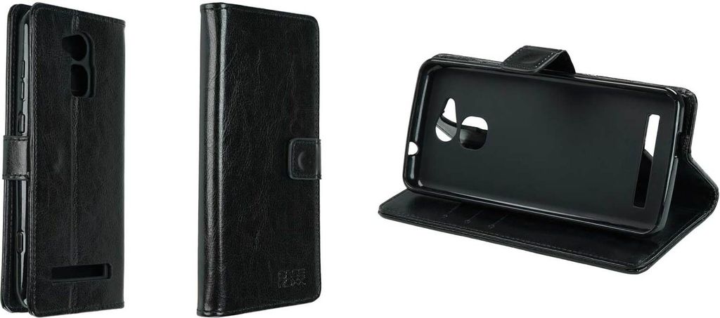 Three views of a black leather flip phone case against a white background.