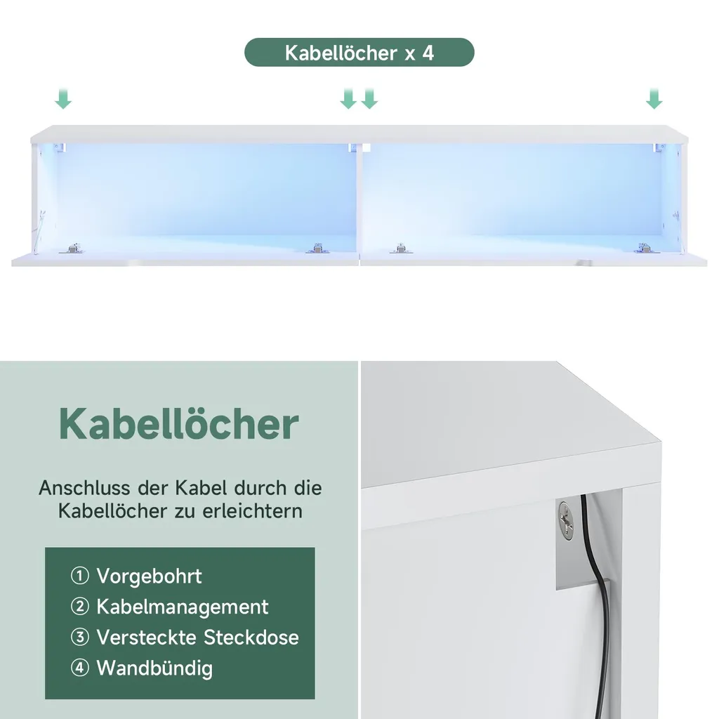 Meuble TV Suspendu Blanc Brillant LED SONNI 160 cm - Rangement Mural - 7