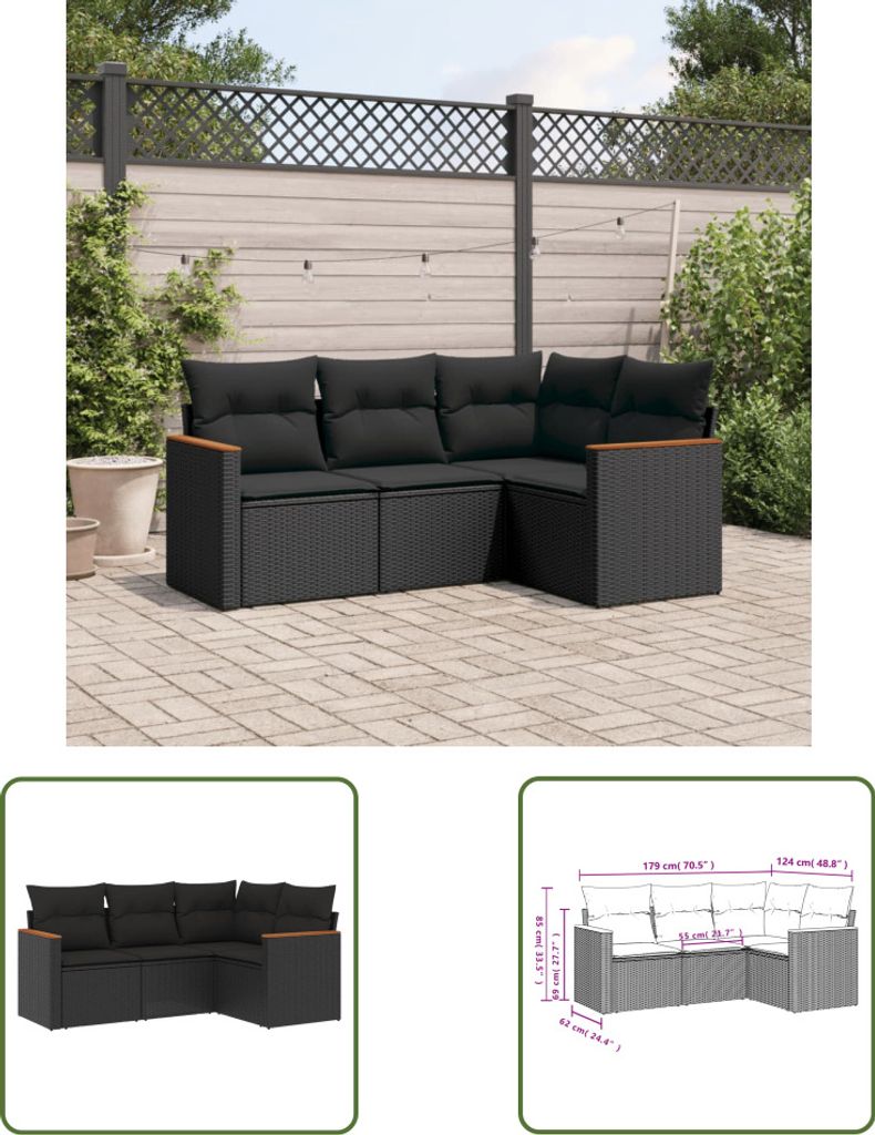 The Living Store 4-tlg. Garten-Sofagarnitur mit Kissen Schwarz Poly Rattan