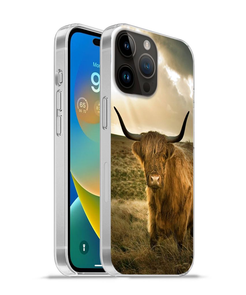 MuchoWow Handyhülle Schutzhülle Hülle für Apple iPhone 14 Pro Max Schottischer Hochländer - Sonne - Tiere Silikon Softcase Handy Hülle - Ha...
