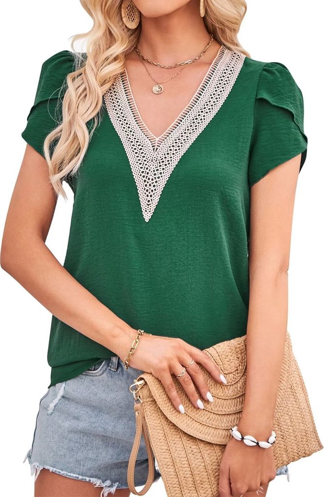 ASKSA Damen T-shirt V-Ausschnitt Blütenblatt Ärmel Bluse Spitzenbesatz Kurzarm Sommer Elegant Shirts Tunika Einfarbig Tops, Grün, L
