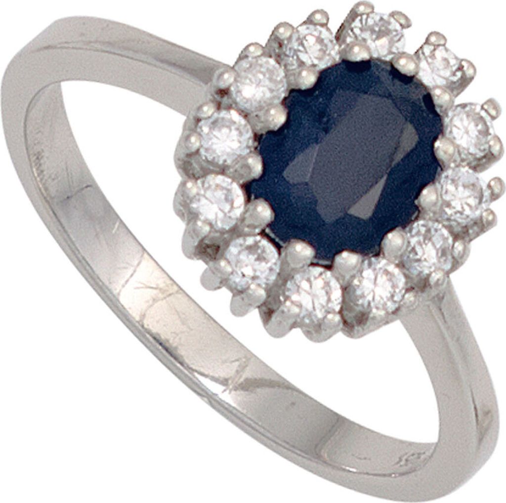 JOBO Damen Ring 925 Sterling Silber rhodiniert 1 Safir blau 12 Zirkonia Silberring Größe 50