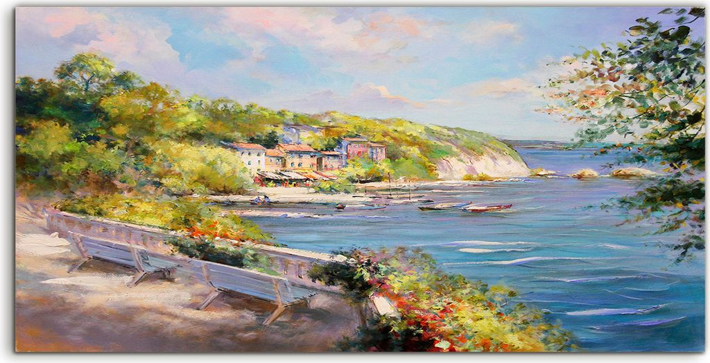 Coloray Acrylbild 140x70 Wandbild Acrylbilder Landschaft Boote Küste Meeresufer