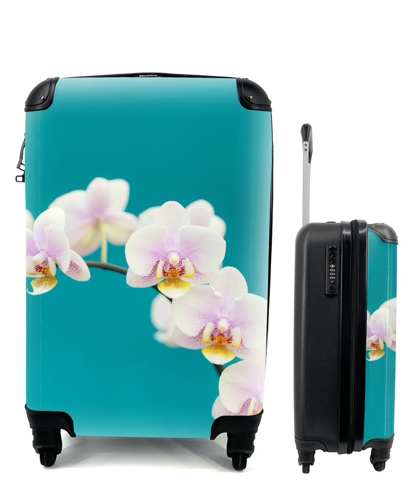 MuchoWow Koffer Handgepäck Trolley Rollkoffer Kleine Reisekoffer mit 4 Rollen - Orchidee - Blumen - Pflanze - Weiß - Lila - Cabin Size < 55x40x...