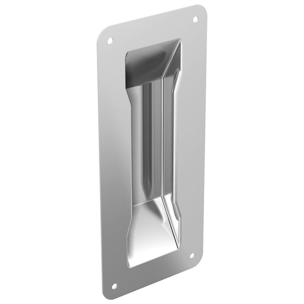 A silver recessed handle on a white background.