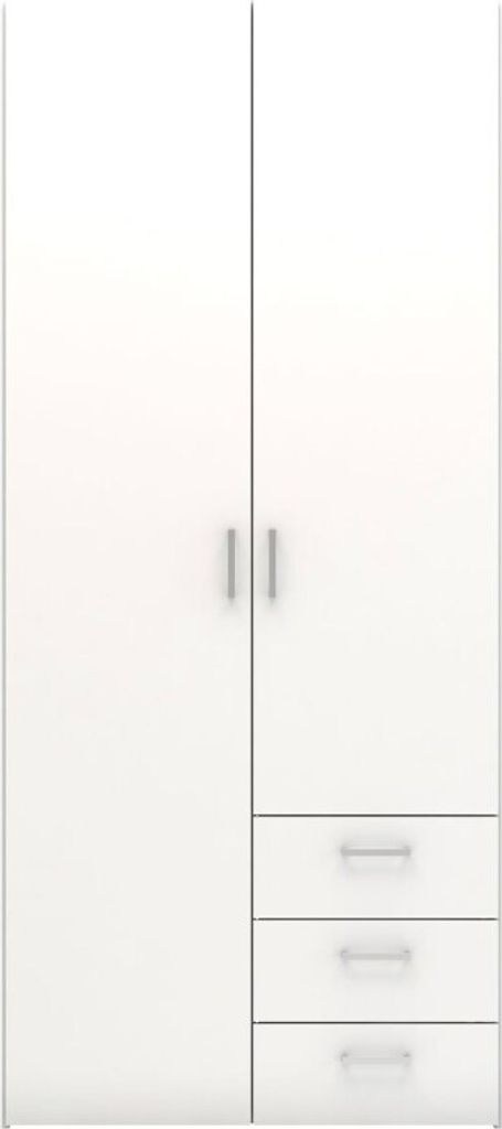 A white wardrobe with two doors and three drawers.
