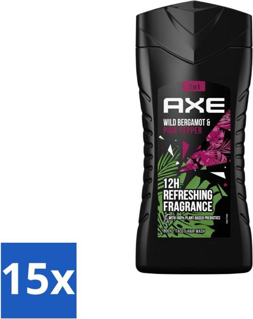 Axe - 3-in-1 Duschgel - Wilde Bergamotte & Rosa Pfeffer - 100% pflanzlich - 250 ml - Vorteilspack - 15 Stücke