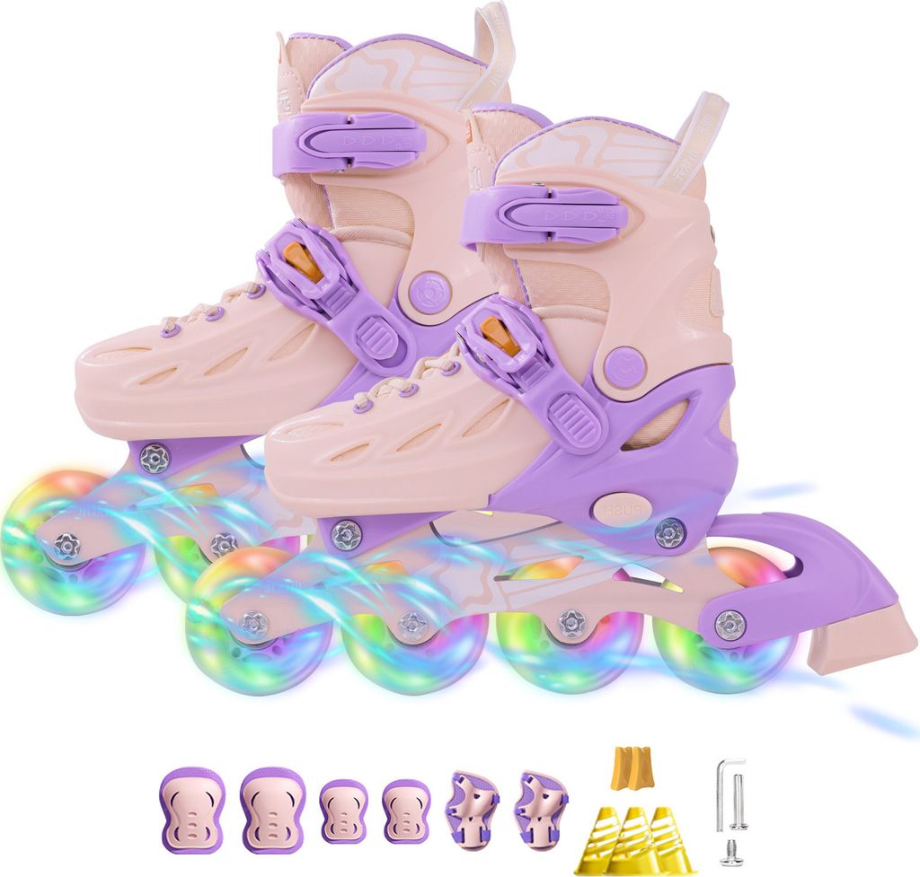 Inliner Skates für Kinder, Verstellbare 5 Größen Inline Rollschuhe Quad mit Leuchtenden Rädern für Mädchen Jungen,Rosa/Lila,L:37-41 EU