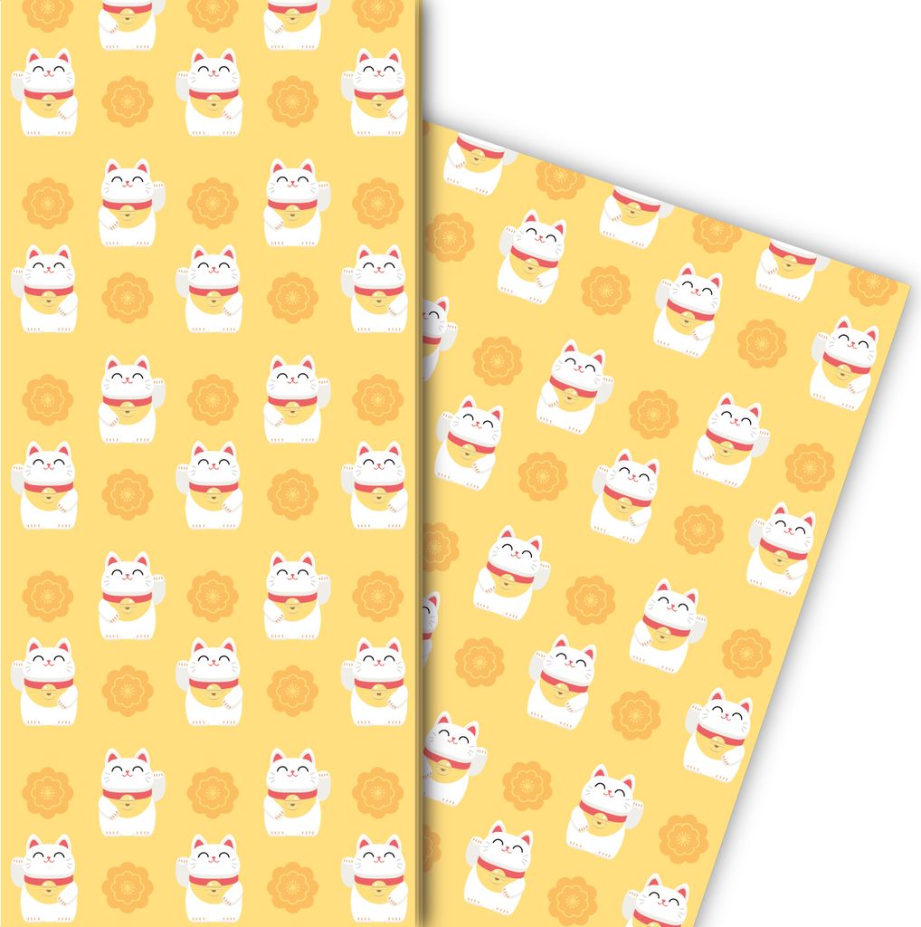 Glücks Geschenkpapier mit Winke Katze in gelb - G6435, 32 x 48cm