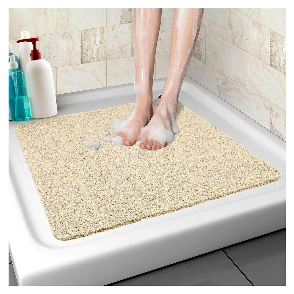 Rutschfeste Duschmatte aus Luffa mit Drainagelöchern, weiche und bequeme Badematte für Familien und ältere Menschen (Beige, 60 x 60 cm)