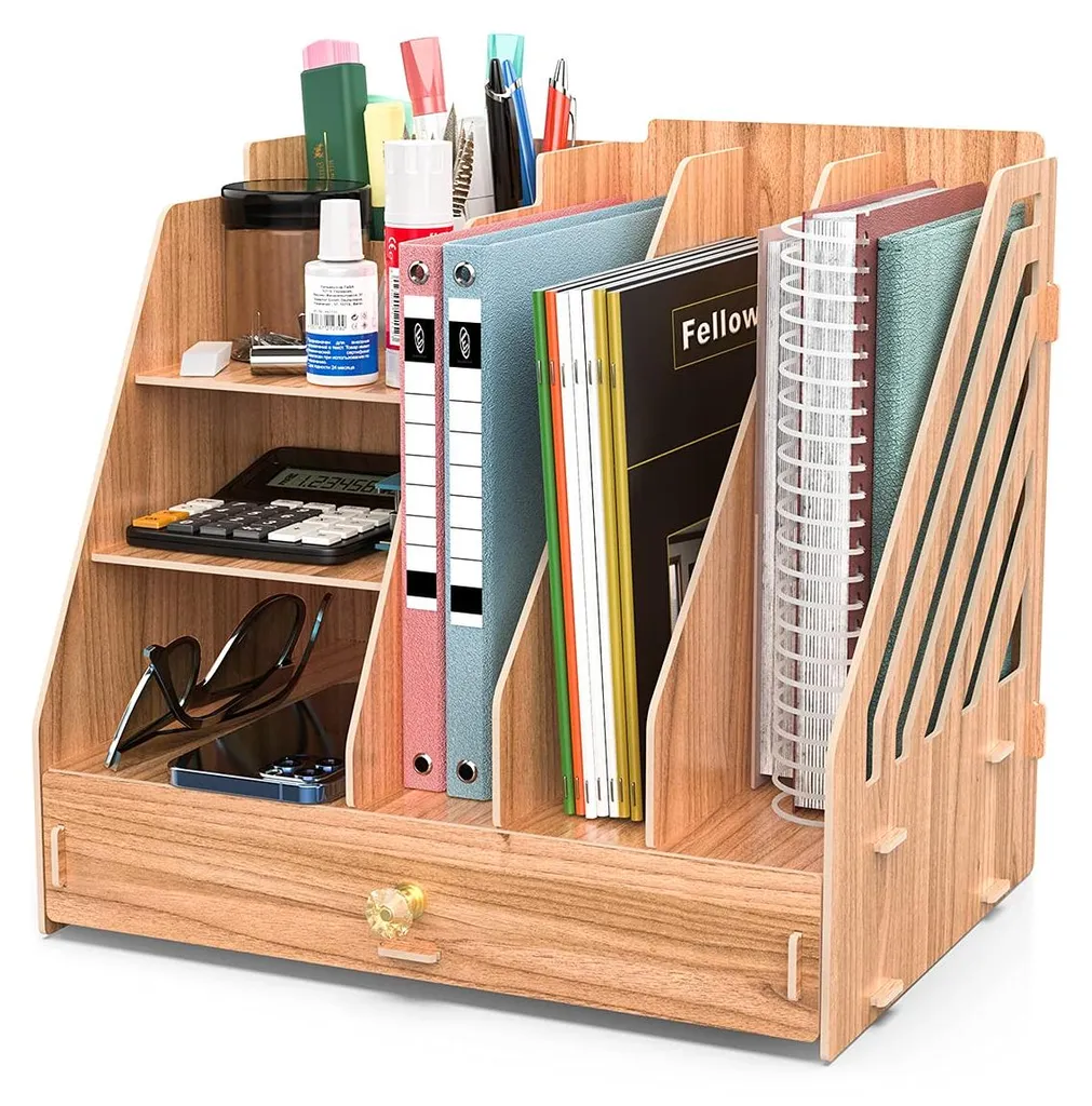 Organiseur de bureau bois multifonction - Support trieur de dossiers robuste