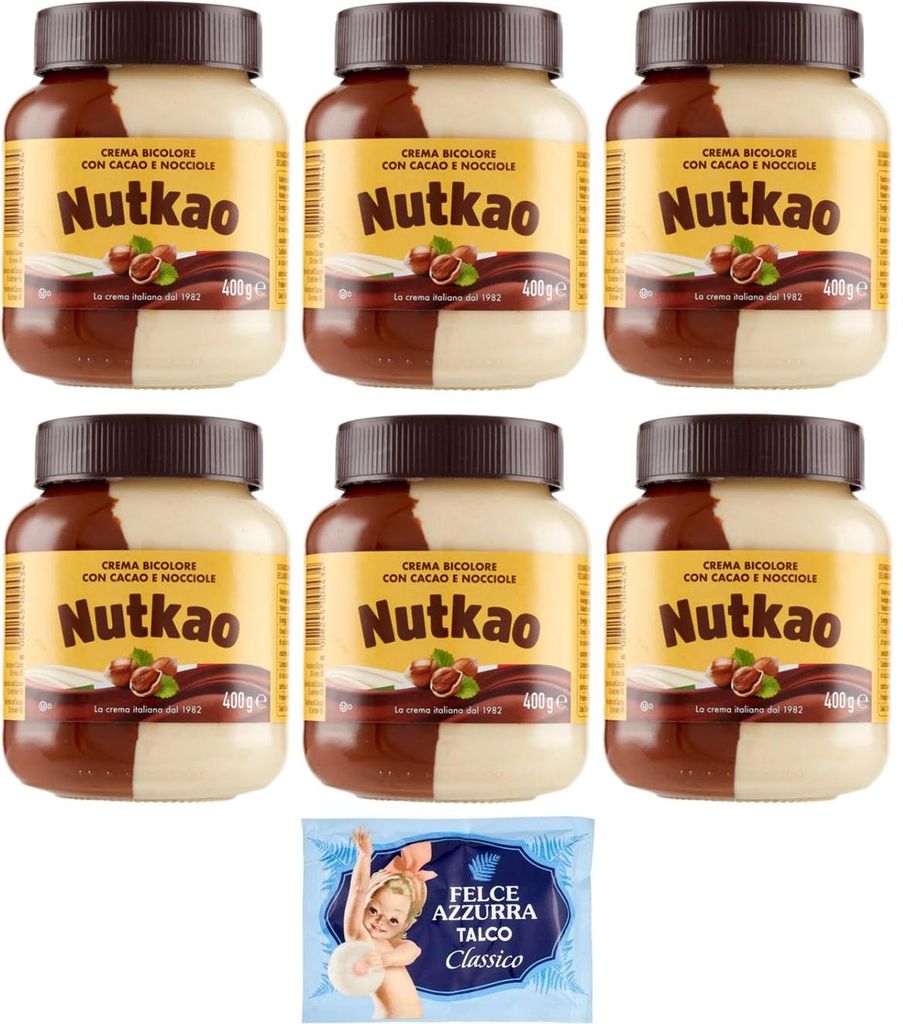 6er-Pack Nutkao Crema Bicolore Cacao,Nocciole e Vaniglia,Streichfähige Creme Kakao mit Haselnüssen und Vanille, 400g-Glas + 1er-Pack Felce Azzurr...