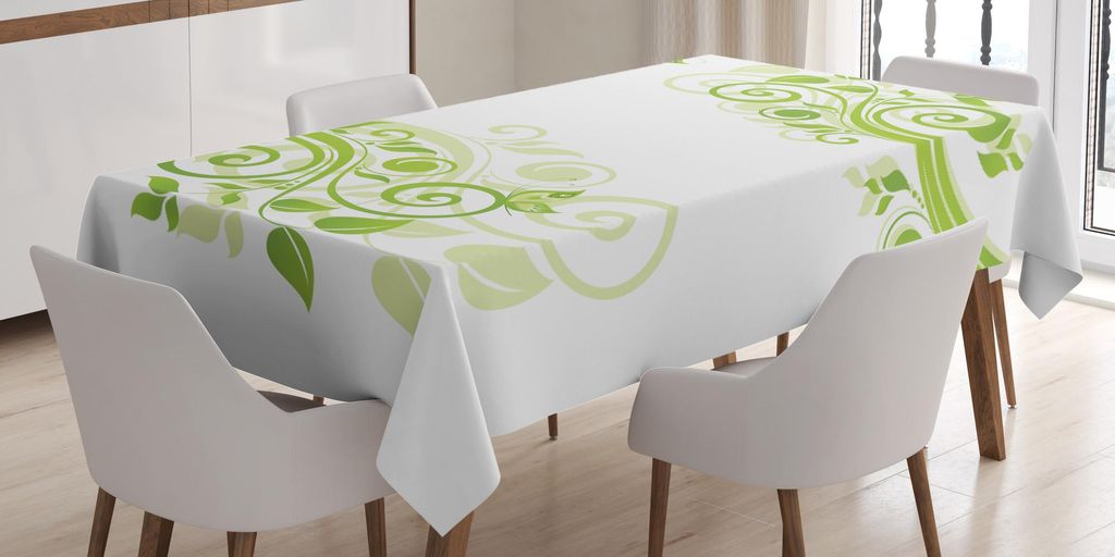 ABAKUHAUS Grün Tischdecke, Botanisches künstlerisches mit Blumenmuster mit lockigen Niederlassungen und Schmetterling, 140 x 200 cm, Apfelgrün H...
