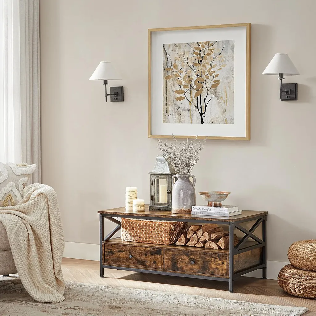 Table Basse avec Tréteaux en X et Double Tiroir de Rangement 100cm - 6