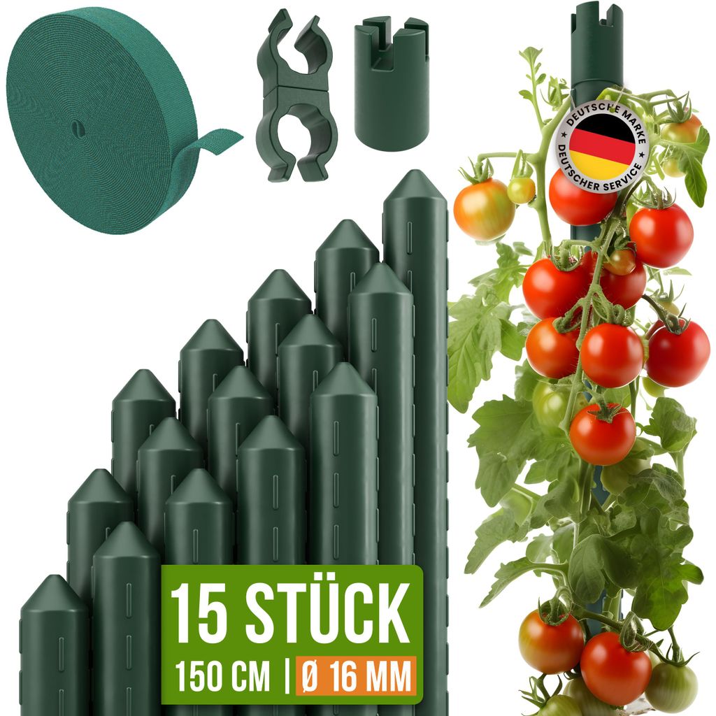 TTL GARDEN Rankstäbe 15er Set 150cm 16mm extra stabil + Clips + Band