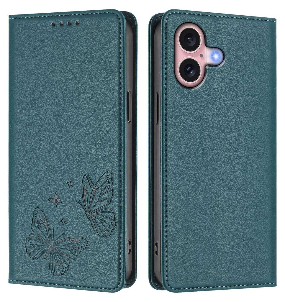 Lederhülle für iPhone 16, Schmetterling Prägung Leder Brieftasche Schutzhülle mit Ständer Grün