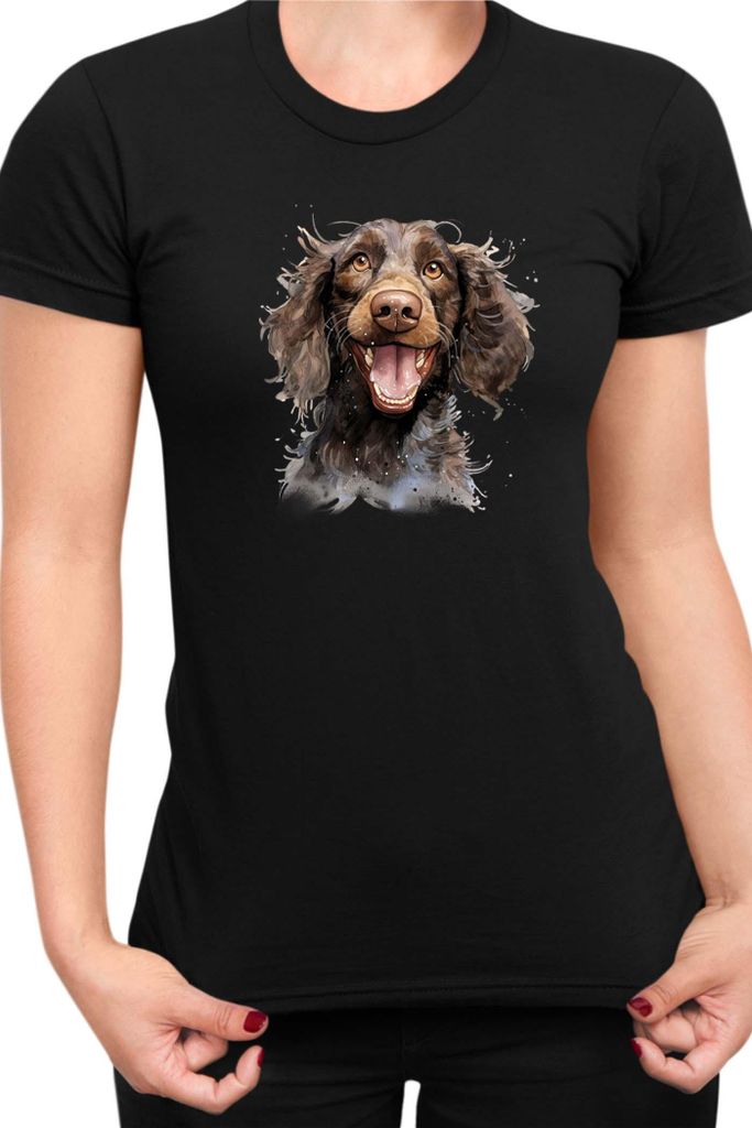 Damen T-Shirt Funny Dogs Breeds American Water Spaniel Dog Breed 010, Lady L / Schwarz