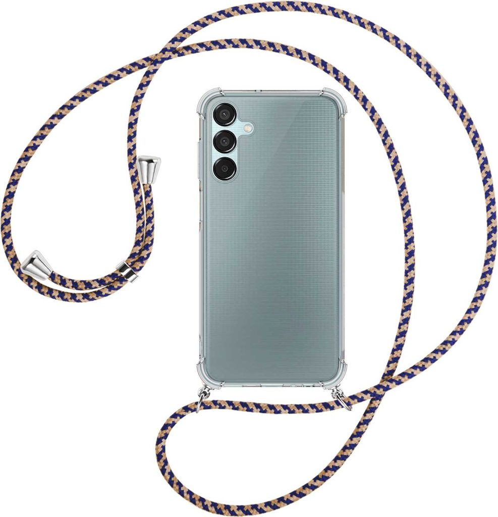 Handykette Backcover-Schutzhülle mit Band (Metall silberfarben) für Samsung Galaxy M15 / F15 5G - blau+beige