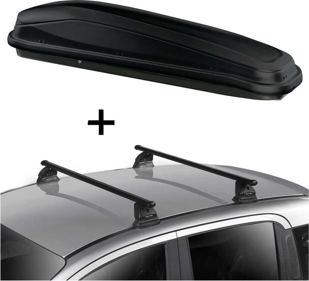 Dachbox JUEASY300 300 Liter schwarz + Dachträger VDP EVO Stahl kompatibel mit für Peugeot 207 3-5 Türer 2006-2015