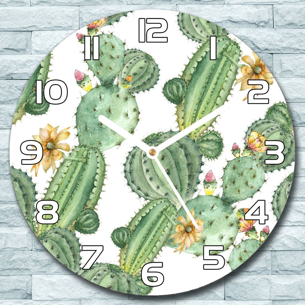 Wanduhr aus Glas Rund fi 30 Kakteen mit Blumen Quarz Deko Produktbild 