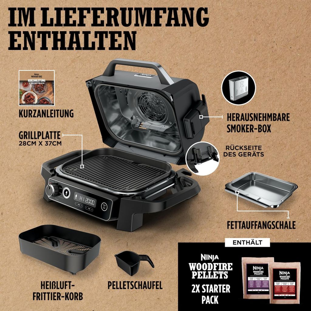 A marketing image showing a grill with its various accessories and components laid out, with text labels indicating what each part is.
