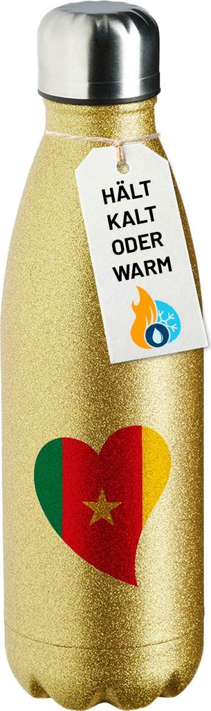Huuraa Trinkflasche Kamerun Flagge Herz 500ml Gold Edelstahl Wasserflasche Trinkflasche Geschenkidee