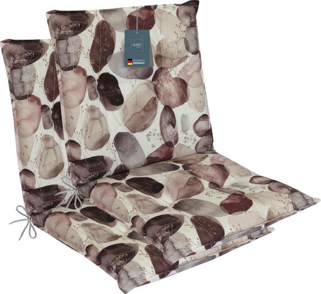 LILENO HOME Gartenstuhl Auflagen als [2er Set - Niedriglehner] in Natur Aquarell Bordeaux - bequeme Liegen als Sitzauflagen für Gartenmöbel - Stu...