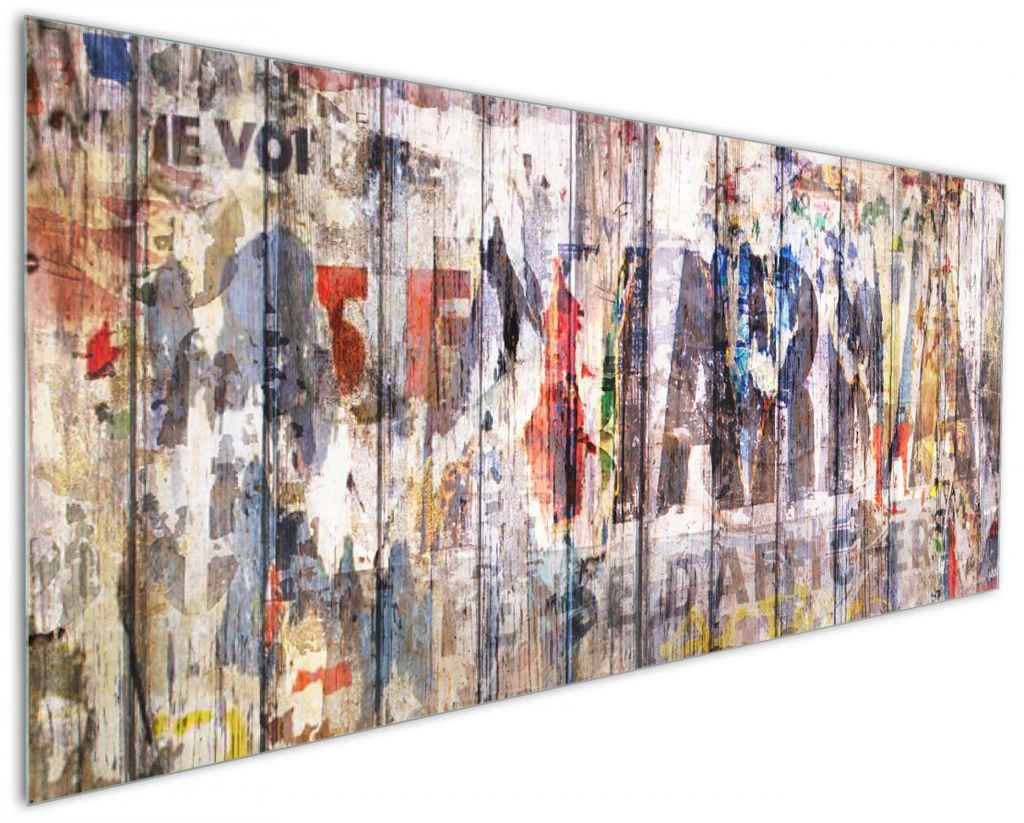 Wallario Küchenrückwand aus Glas, Größe: 125 x 50 cm, Motiv: Bemalte Holzplanken mit alter Schrift | Spritzschutz | abwischbar | pflegeleicht | in