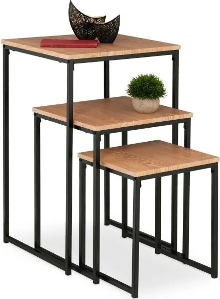Set 3 Tavolini Laterali Industriali | Tris Tavolini da Salotto in Legno