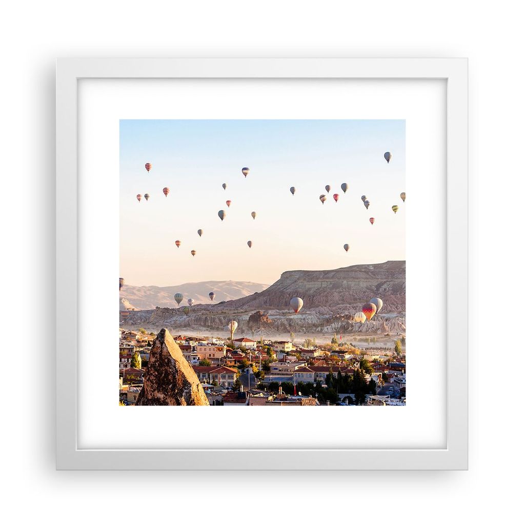 Gerahmtes Poster - Weißer Rahmen - Berge Ballon Flug - 30x30 cm - Wand Bild - Wanddeko - Wandbilder - Kunstposter - Wandposter - Bilderrahmen - Bi...