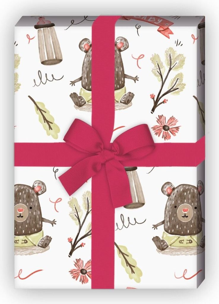 Niedliches Baby Geschenkpapier mit Bärchen und Fläschchen, rosa - G8083, 32 x 48cm
