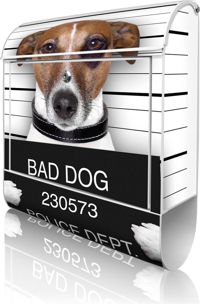 banjado Design Briefkasten Stahl weiß mit Zeitungsfach pulverbeschichtet "Bad Dog Jack Russel" 38x46x12,5cm & 2 Schlüssel - Postkasten A4 Einwurf...