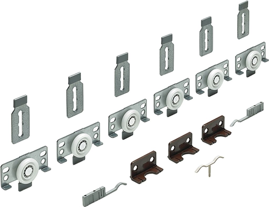 A collection of sliding door hardware components laid out on a white background.