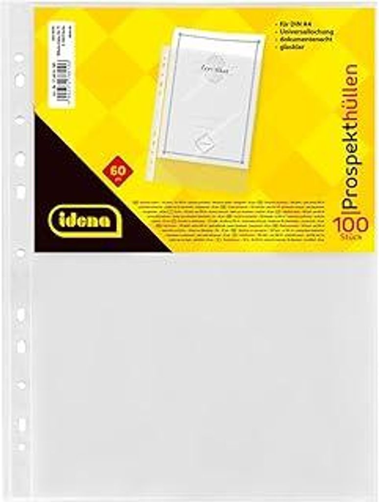Idena 376010 - 100 Stück Klarsichthüllen A4 glasklar, Prospekthüllen aus Kunststoff 60μ, dokumentenecht, Klarsichtfolien mit Universallochung