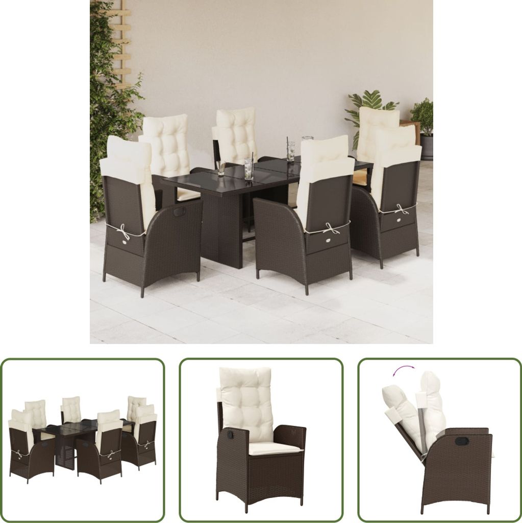 The Living Store 7-tlg. Garten-Essgruppe mit Kissen Braun Poly Rattan