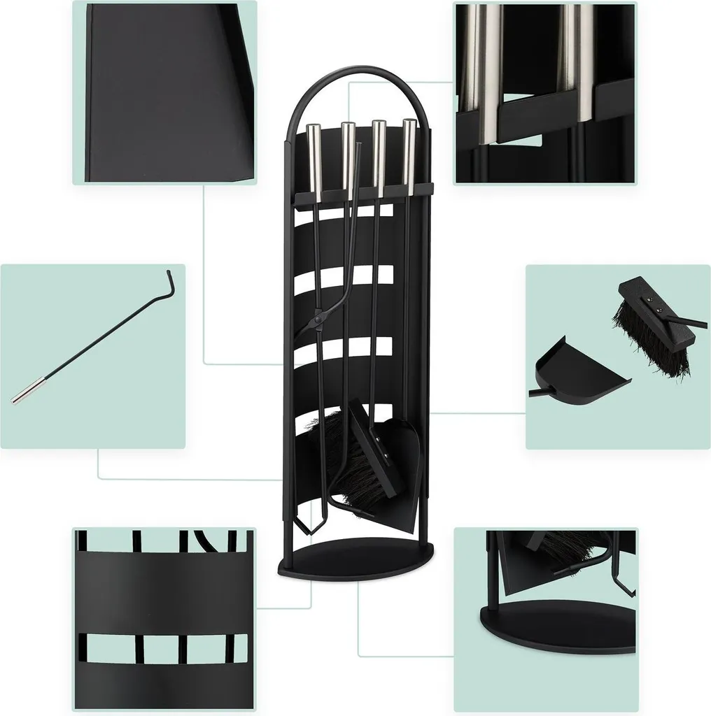 Accessoires de cheminée 5 pièces noir et argent avec support design - 2
