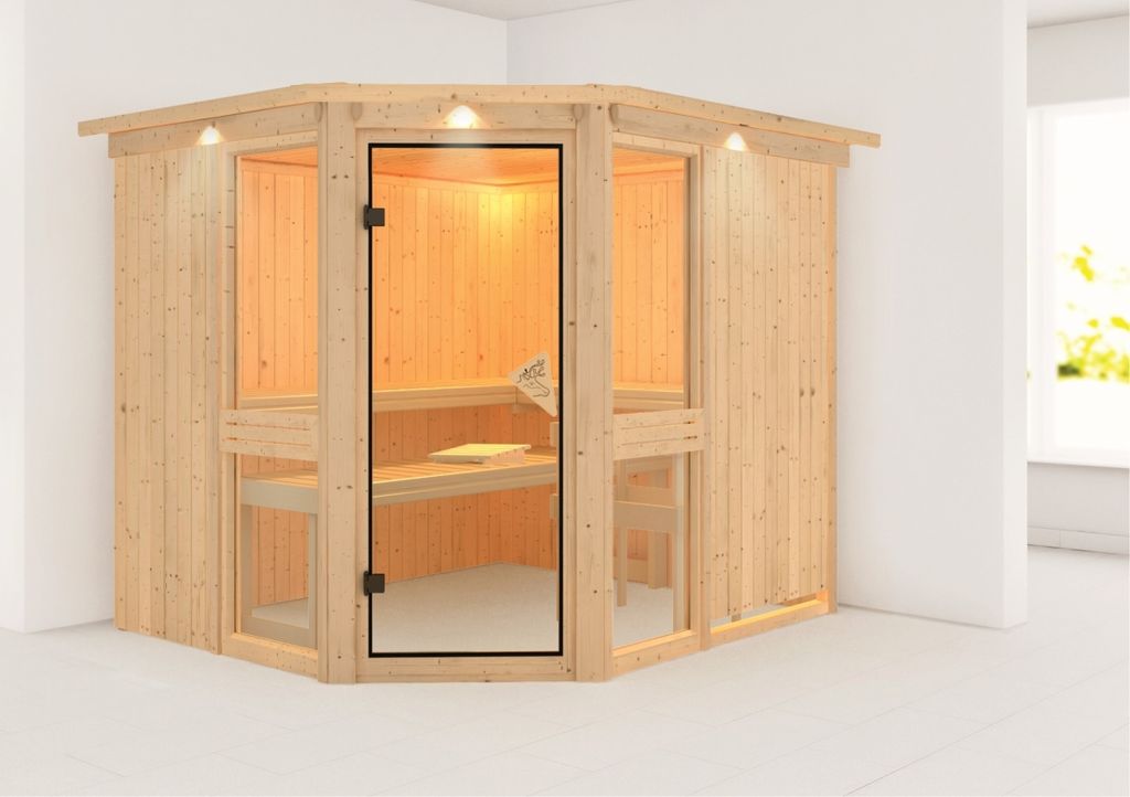 Karibu Sauna Innensauna Amelia 3 Eckeinstieg ohne Zubehör 245x210x202 cm mit Dachkranz