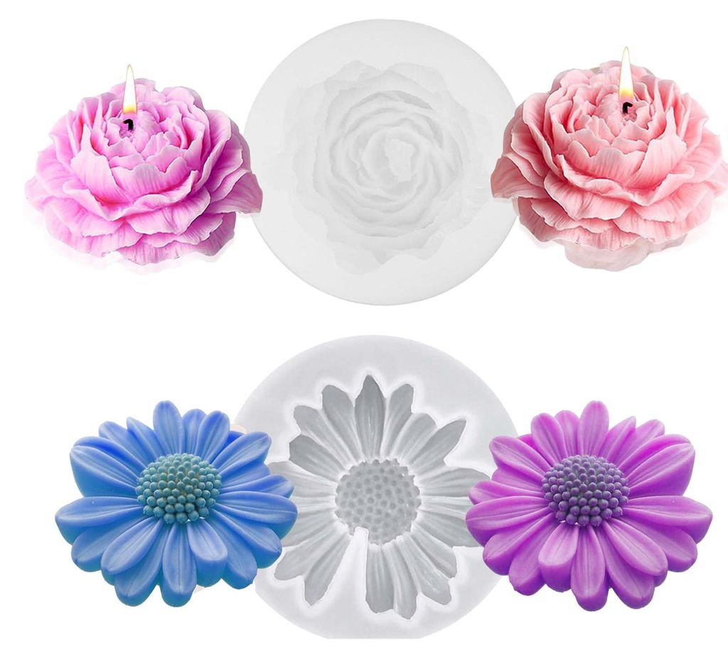 2-teiliges Set aus Silikon-Kerzenformen: Silikon-Kerzenformen mit Gänseblümchen und Silikon-Kerzenformen mit Pfingstrosen, blütenförmige Kerzen...