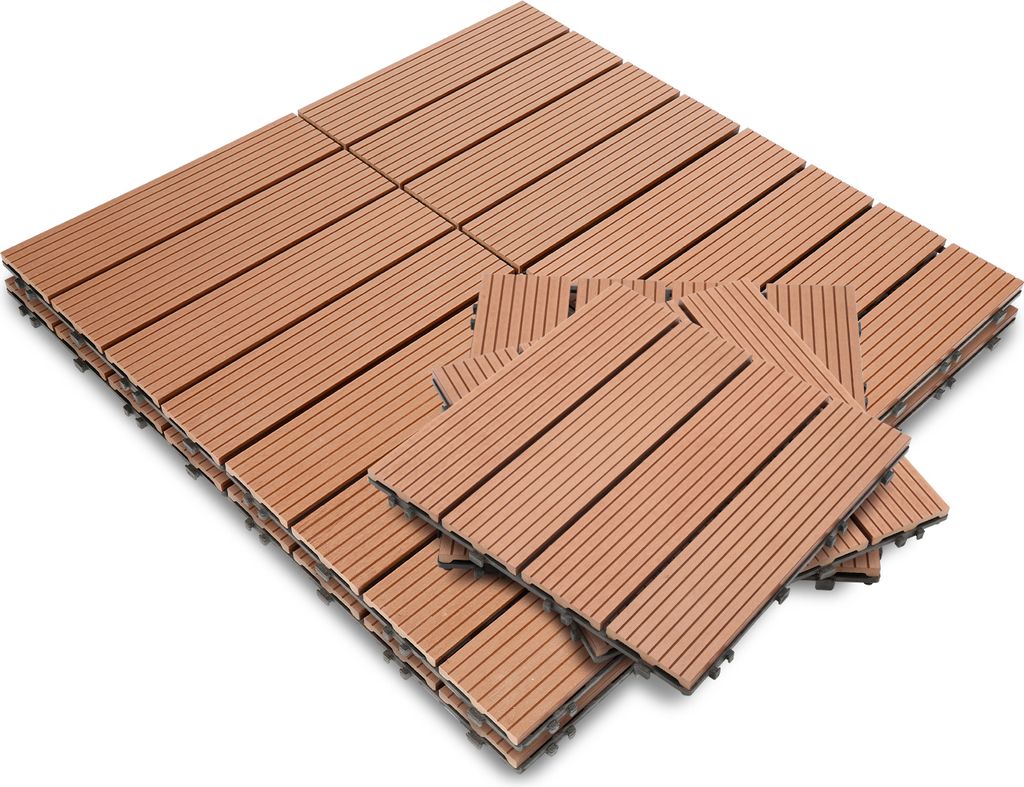 Jopassy 11er-Set Terrassenfliesen aus Kunststoff in Holzoptik, WPC Fliesen Holzfliese, Braun, 30x30cm pro Stück, Balkon Pool Garten, 1qm