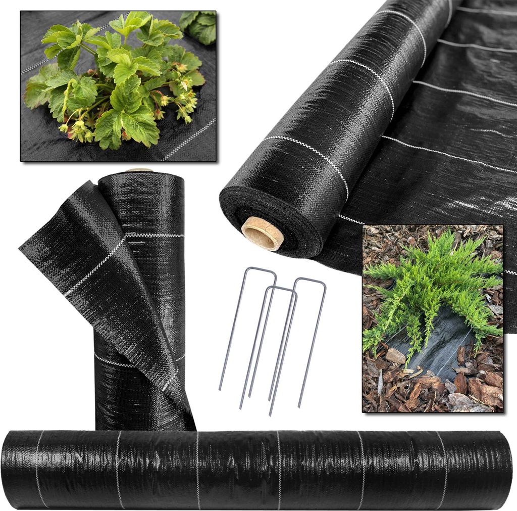 Schwarzes Unkrautvlies Gartenvlies Mulchvlies 1,6m 90 g/m² mit UV-Schutz EU-Qualität + Erdnägel aus Stahl GRATIS 100m
