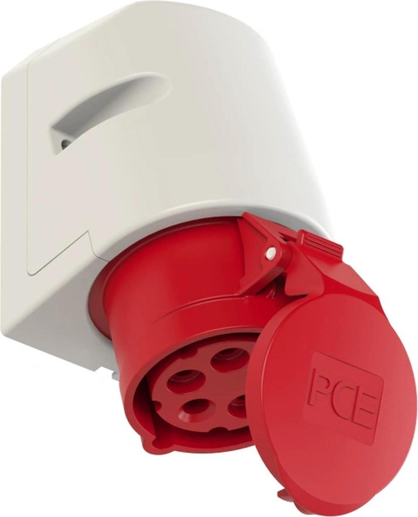 A close-up, angled view of a white and red industrial electrical socket mounted on a wall.