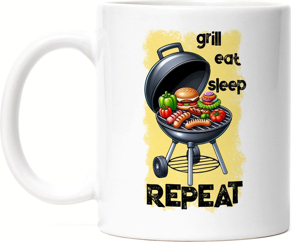 Grill Eat Sleep Repeat BBQ Grillen lustiges Grill Humor Tasse Weiß