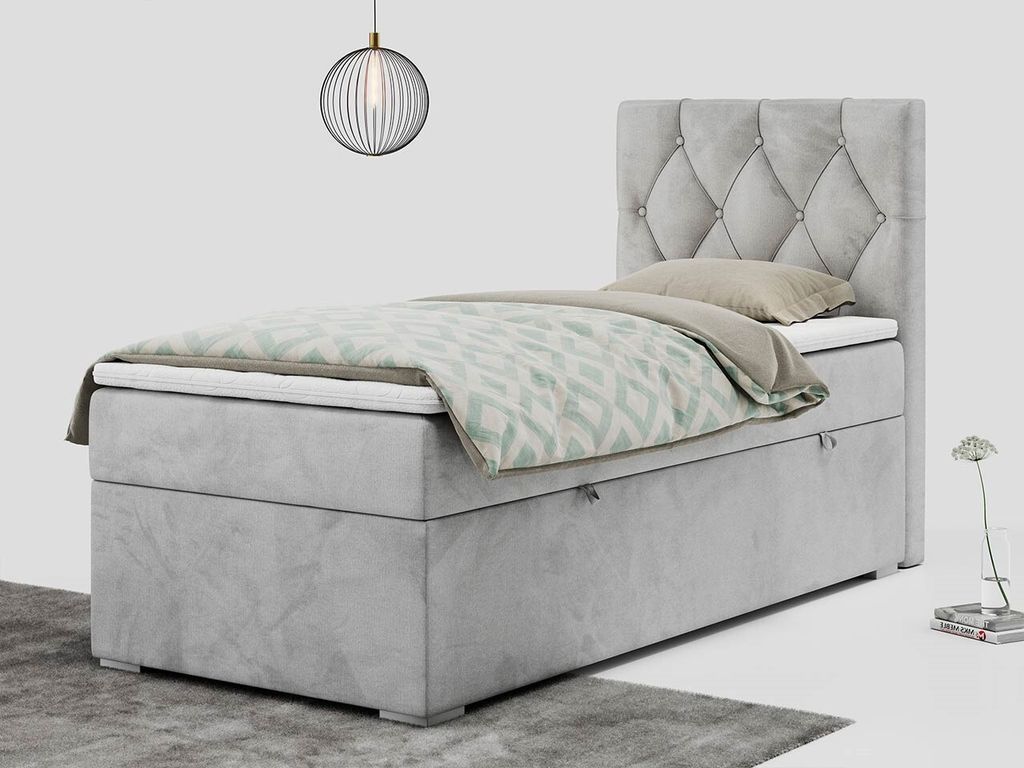 Einzelbett mit Bettkasten, jungenbetten 90 cm, Boxspringbett - ALDA - 90x200cm - rechts - Hellgrau - H3