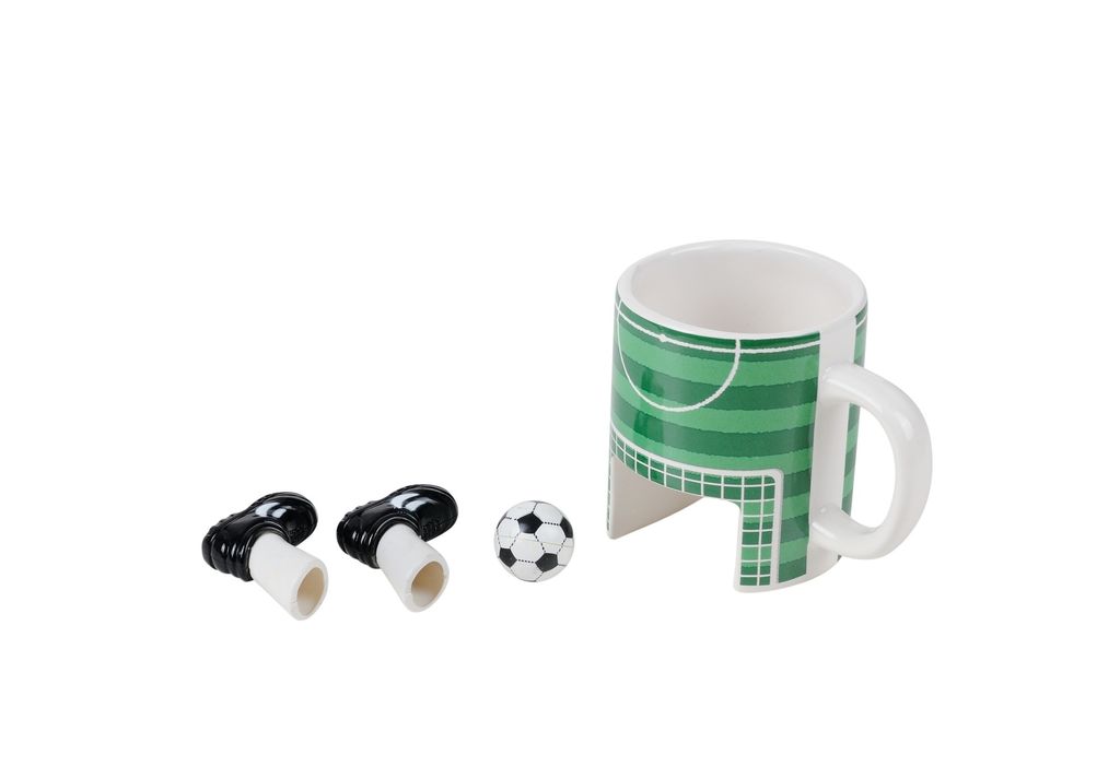 A soccer-themed mug with two soccer cleats and a soccer ball on a white background.